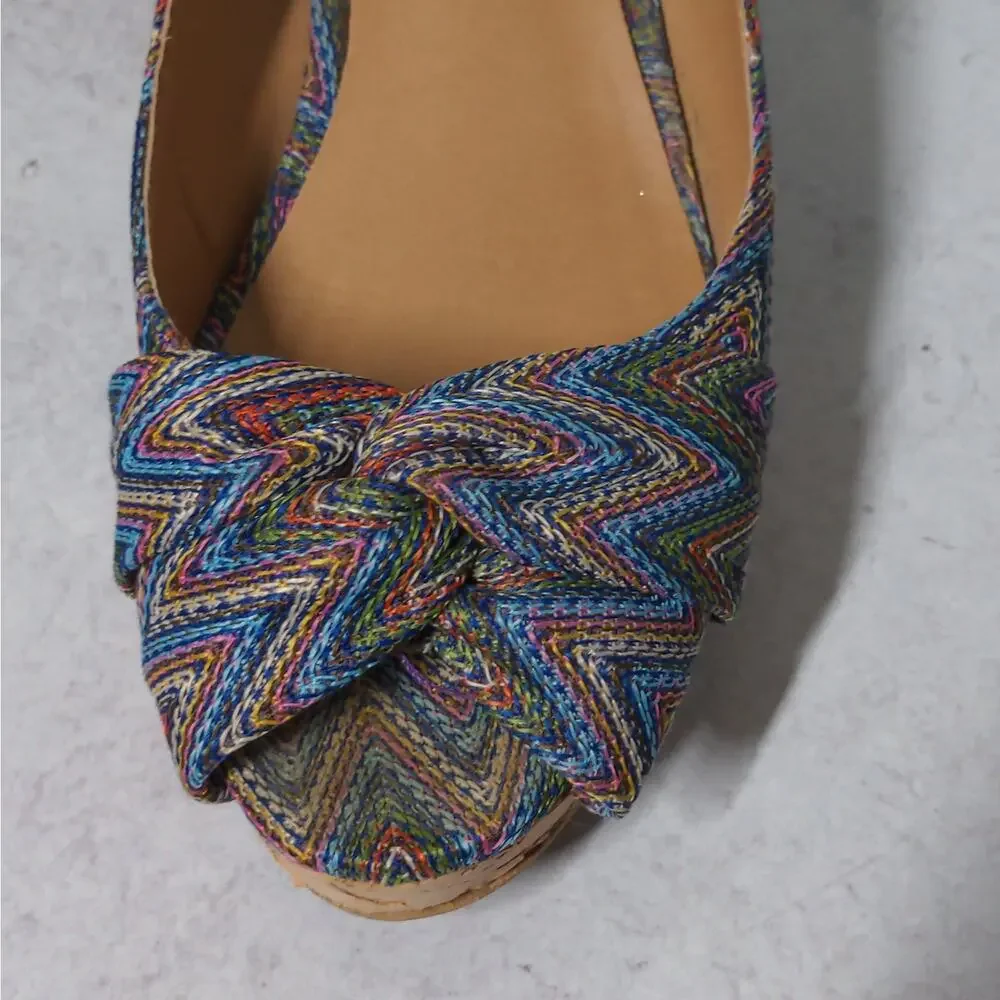 Nine West Abbeol 1 Wedges Multicolor Woven Slingback Knotted Peep Toe - Size 7M